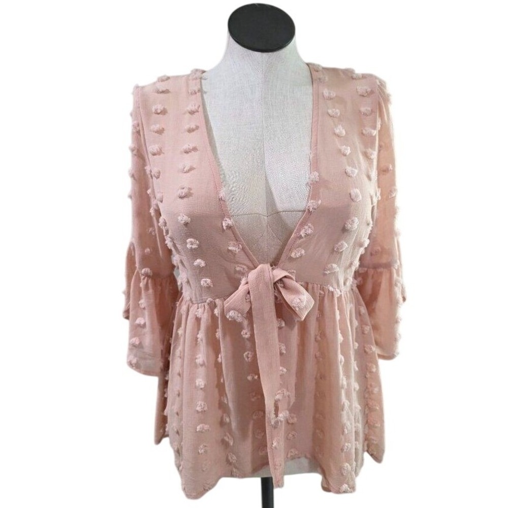 Kori America Swiss Dot Top Women's Medium Tie Front Kimono Y2K Romantic Ethereal